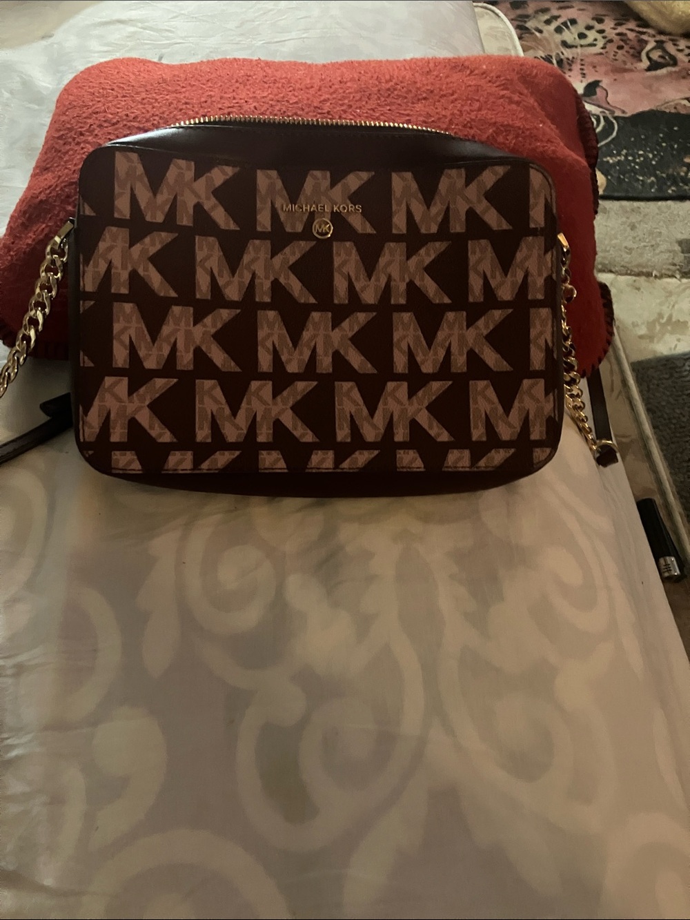 Michael Kors Brown Signature MK Logo Crossbody with Gold Chain